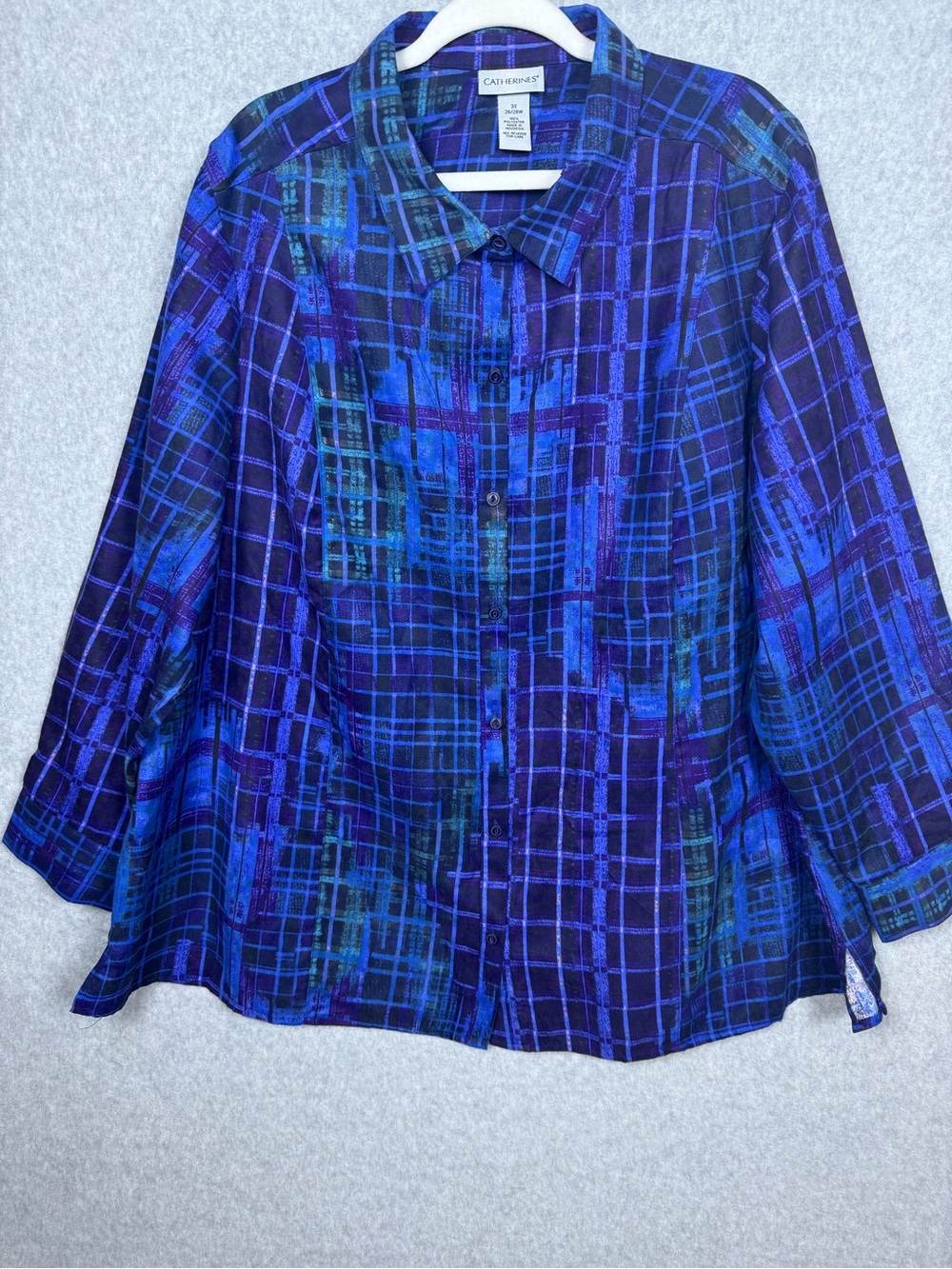 Catherines 3X Blue Purple Abstract Plaid Button Front Blouse Plus Size NWT